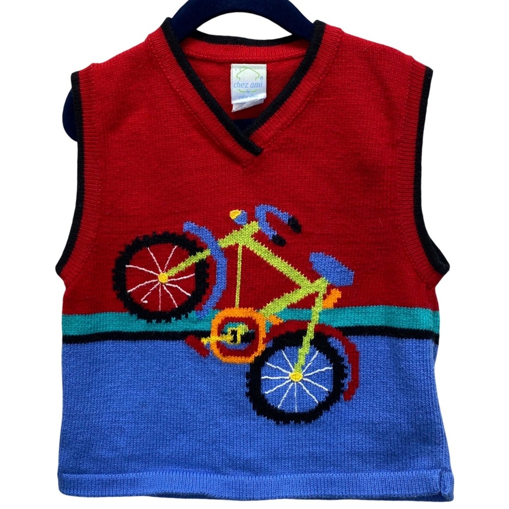 Chez Ami Bicycle Knit Sweater Vest Kids Size S Red Blue Colorblock V-Neck F5-835